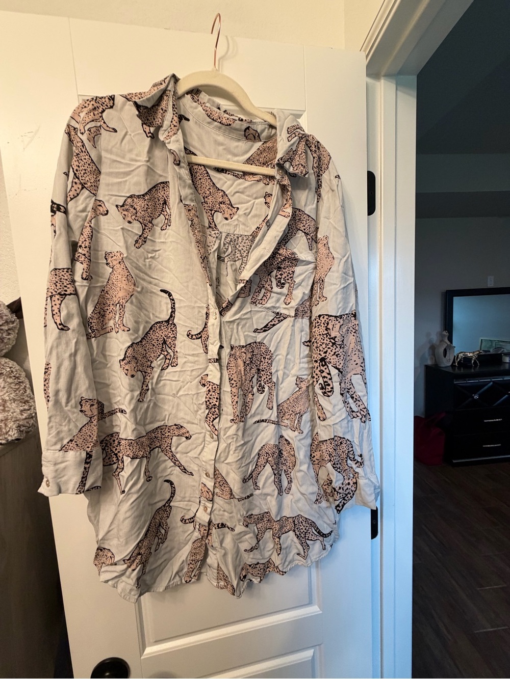 Light Gray Button-Up Shirt with Leopard Print